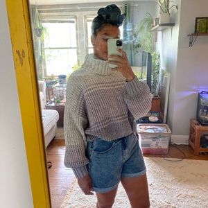 Cropped chenille turtleneck sweater.